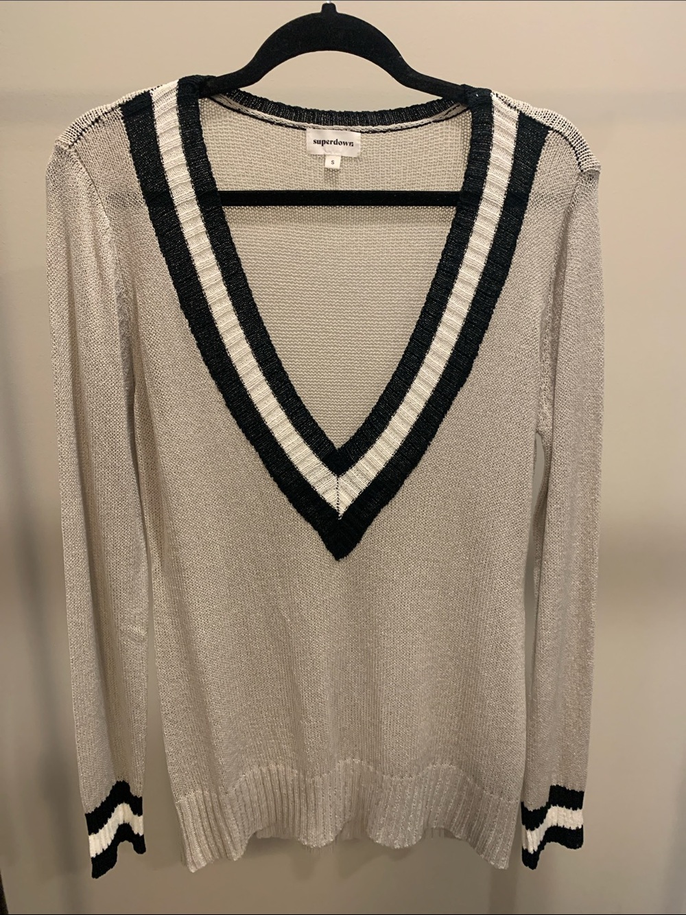 superdown Cream V-Neck Sweater with Black Stripe Trim